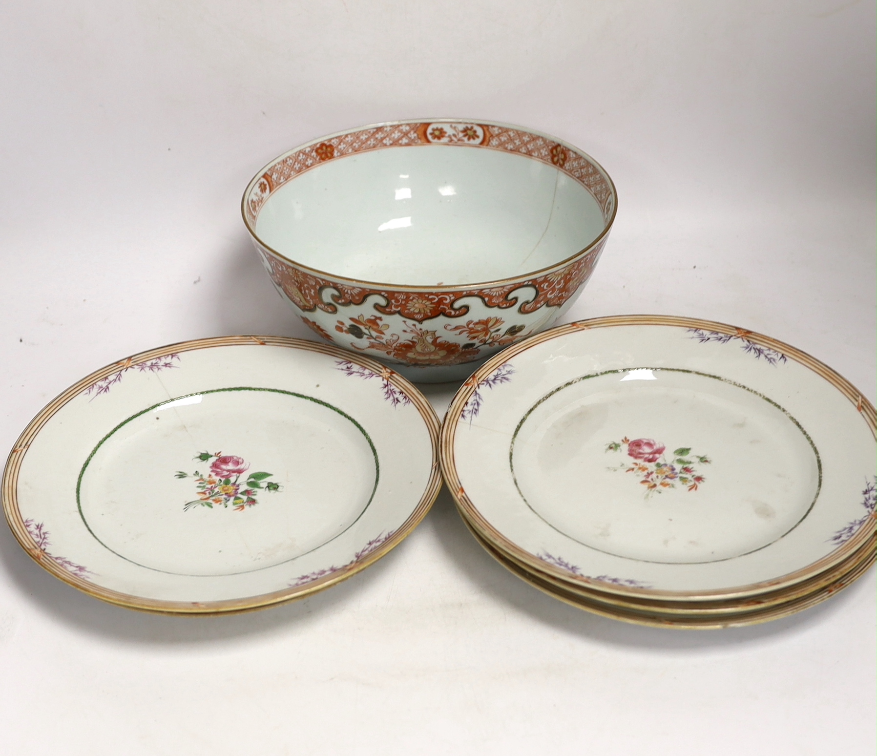 An 18th/19th century Chinese bowl and five plates, bowl 10cm high